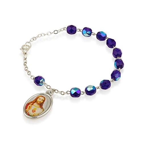 Marina Jewellery Blue Faceted Glass Beads with Silver Plated Chain, Sacred Heart Pendant Medallion, Lobster Clasp