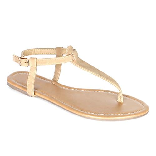 Women's T Strap Thong Gladiator Strappy Jelly Shiny Flat Flip Flops Sandals (7, Nude PU)