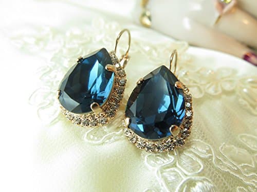 SAPHIRE SWAROVSKI CRYSTALIZED ELEMENTS PEAR CUT CRYSTAL SURROUND STONES 14k Gold Plated