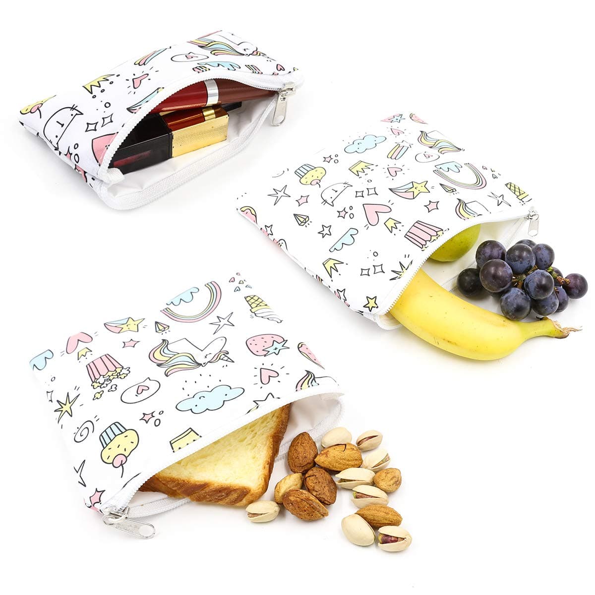 Reusable Snack Bags and Sandwich bags Unicorn Bag for Kids with Zipper-Set of 3, Dishwasher Safe Food Wraps