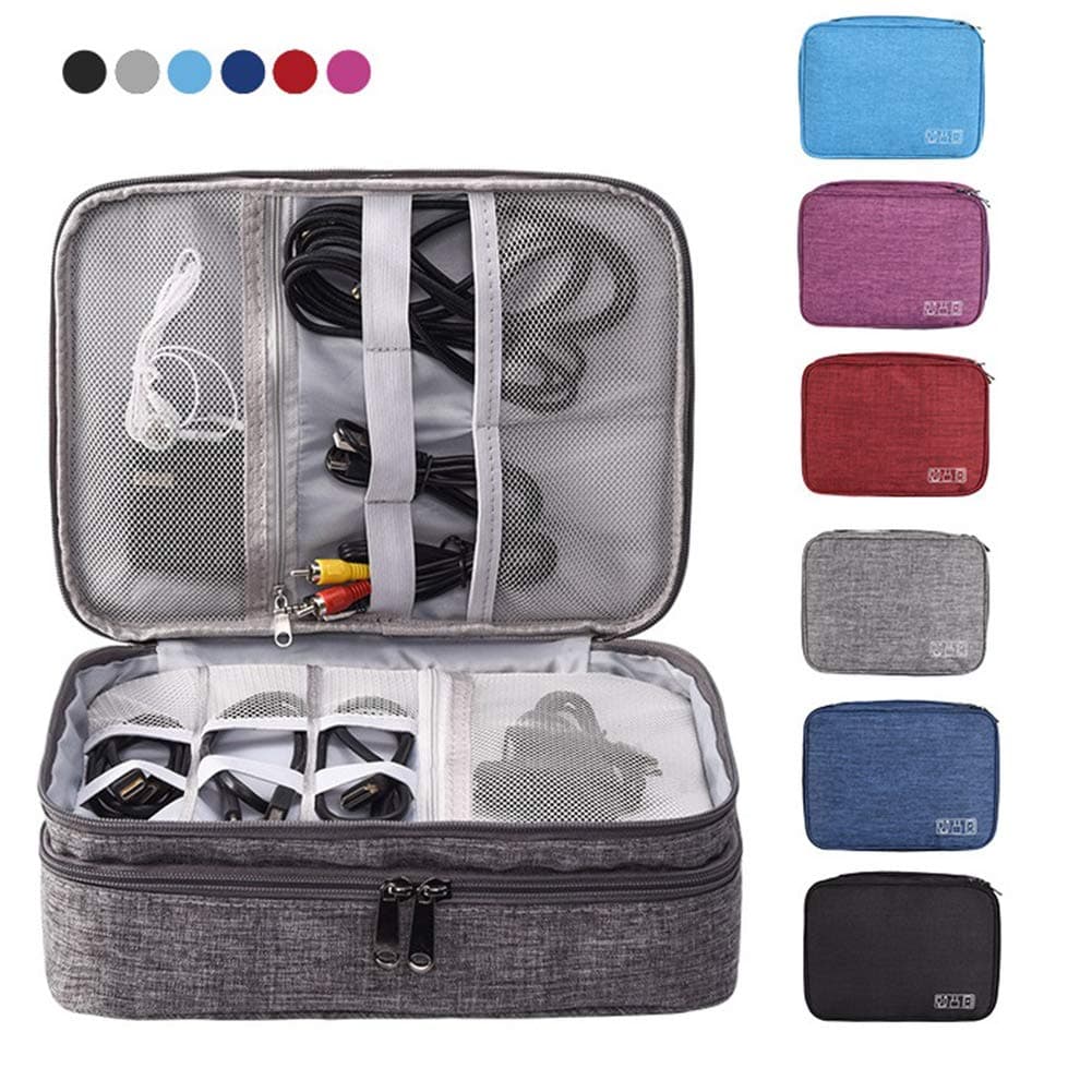 Double Layers Electronics Organizer Bag, EXKOKORO Protable Accessories Carrying Case Cable Organizer Bag Waterproof Cable Storage Bag for Charging Cable, Power Bank, Cellphone, USB and More (Grey)