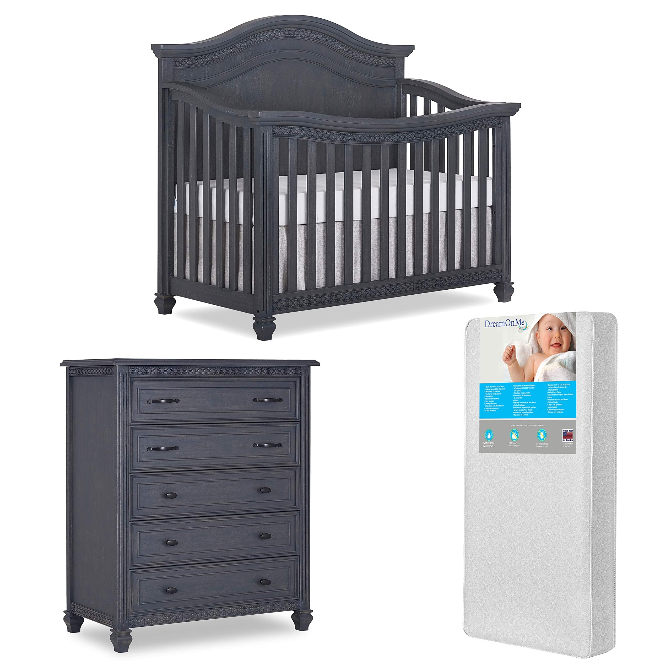 Evolur Madison 5 in 1 Convertible Crib and Tall Chest with Free Mattress, Weathered Gray