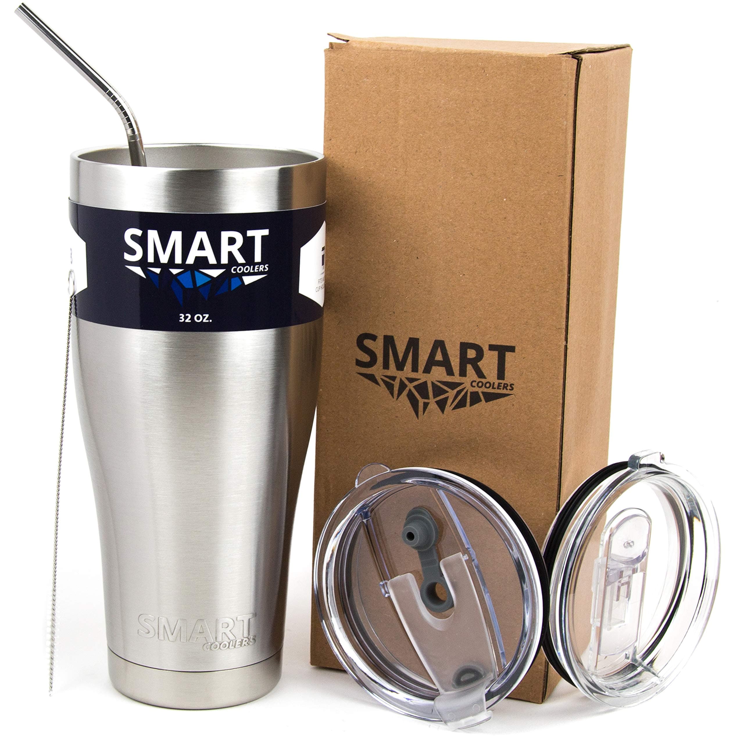 Smart Cooler 32 Oz. Sweat Free Ultra-Tough Double Wall Stainless Steel Tumbler Cup with Leak-proof Heavy Duty Tumbler Lids (Slide Lid & Flip Lid), Straw, Cleaning Brush - Stainless Steel