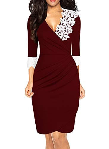 Drimmaks Women's V Neck Faux Wrap 3/4 Sleeve White Ruched Lace Patchwork Bodycon Cocktail Party Dress