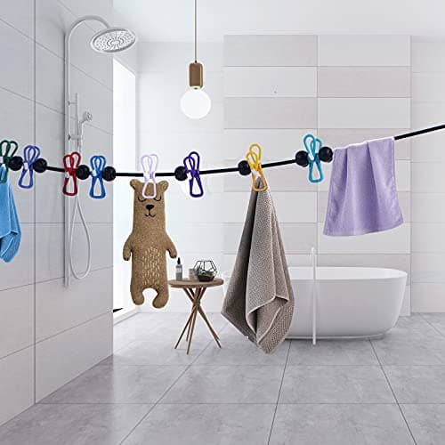Portable Clothesline with 12 Colorful Clothespins, Windproof Travel Clothesline Stretchy Retractable Elastic Laundry Clothes Line for Backyard, Vacation Hotel, Balcony and Indoor Use