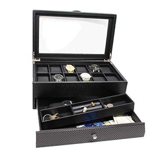 Mens Watch Box Case Organizer| Faux Leather Watches Jewelry Case| 12 Slots Watch Case storage with Valet Drawer for Sunglasses, Rings, Phone| Sleek Black Color, Glass Top, Carbon Fiber
