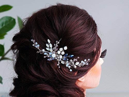 Kercisbeauty Handmade Wedding Blue Black Crystal Beads Hair Comb for Brides Bridal Headpiece Rustic Wedding Hair Accessory for Women Prom Hair Dress
