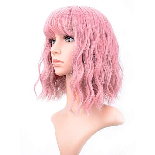 VCKOVCKO Lovely Pink Wigs Natural Wavy Short Bob Wig With Air Bangs Women's Shoulder Length Curly Wavy Synthetic Cosplay Wig Pastel Bob Wig for Girl Colorful Wigs(12", Light Pink)