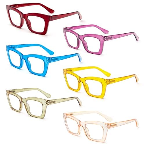 REAVEE 6 Pack Oprah Style Reading Glasses for Women Blue Light Blocking, Cute Square Computer Readers with Spring Hinge