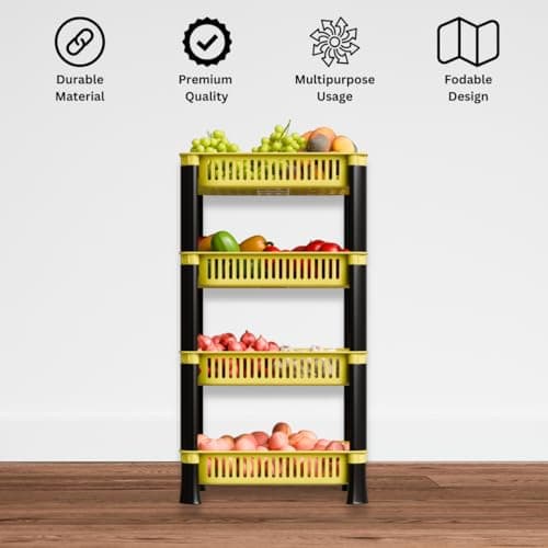 4-Layer Multipurpose Plastic Kitchen Storage Rack | Vegetable Basket Organizer | Stackable Storage Stand for Home, Pantry, Bathroom, Office – Durable Space-Saving Shelf (Yellow)