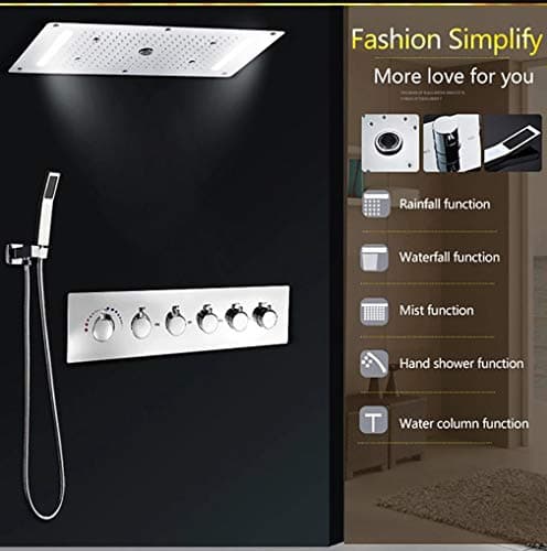 Cascada Vaticano LED Modern Shower System | Multi-Functions Shower head with Handheld Shower | Ceiling Mount | 15"x28" | 6-Knob Thermostatic Valve (Brushed Nickel)