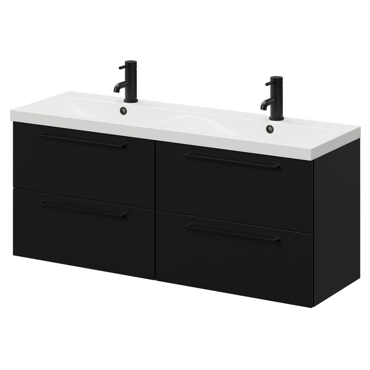 Napoli Matt Black 1200mm Wall Mounted Vanity Unit with Ceramic Double Basin and 4 Drawers with Matt Black Handles