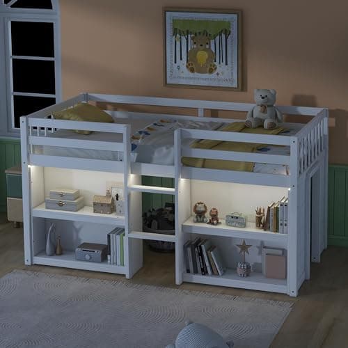 LED Twin Size Low Loft Bed for Kids,Twin Loft Bed with Storage Shelves,Kids Low Loft Bed Frame with LED Light,Space Saving, White