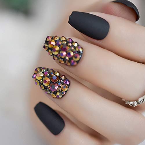 Coolnail 3D Rose Black Metallic Rhinestones Frosted Ballerina Coffin False Nail Tips Matte Black Pre-design Flat Top Fake Nails Tips