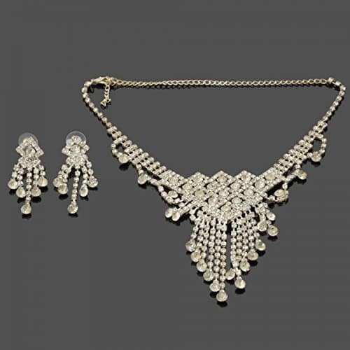 preciastore Weiya Stylish Rhinestone Statement Necklace Tassels Rhinestone Stud Earrings Bridal Jewelry Set Silver