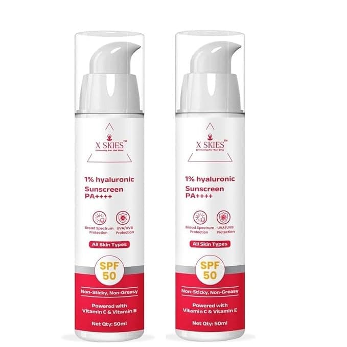 X SKIES SUNSCREEN SPF 50 with 1% HYALURONIC ACID SPF 50 & PA++++ TO PROTECT FROM UV RAYS & BLUE LIGHT Enriched with vitamin c and vitamin e for all skin types all season (Buy One Get One Free)
