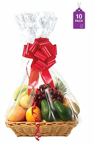 Purple Q Crafts Clear Cellophane Basket Bags 24"x30" 10 Pack – Medium/Large Clear Gift Basket Wrap Bags for Baskets, Gifts, and Party Presents – Crystal Cello Bags for Gift Wrapping