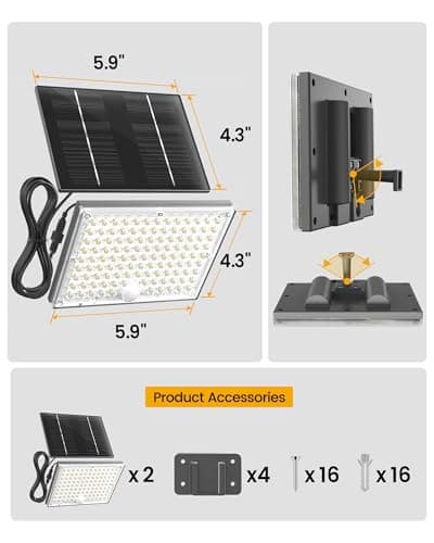 SUPERDANNY Solar Outside Lights with 113 Bright LEDs 7000K, Motion Sensor Outdoor Flood Lights Dusk to Dawn with 16ft Cable IP65 Waterproof, Security Light for Garden Barn Porch 2 Pack