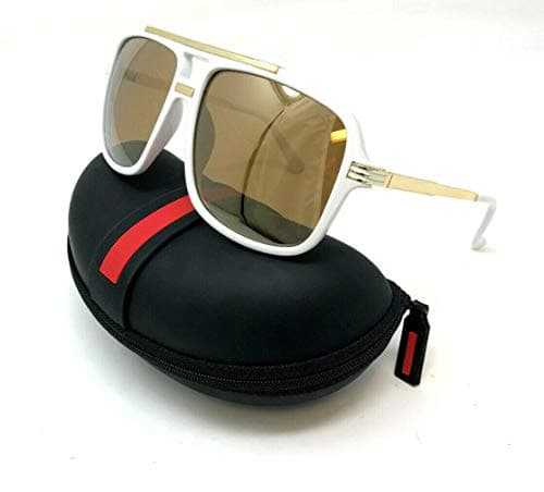 Evidence Metal & Plastic Hip Hop Flat Top Aviator Sunglasses (White & Gold Frame w/Case, Gold Iridium Mirror)