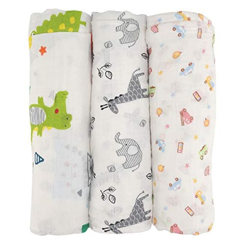 Tasera Swaddle Blankets,Unisex Organic Cotton for Baby,Set of 3,Large 47x43 inches Soft Swaddling Receiving Sleep Blankets,Baby Shower(Dinosaur)