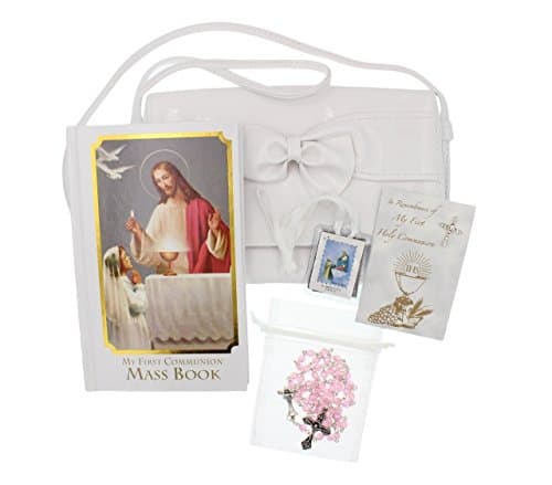 Girl First Communion Gift Set Purse, Missal, Rosary and Pouch, Scapular, Rhinestone Cross Pin, Gift Box