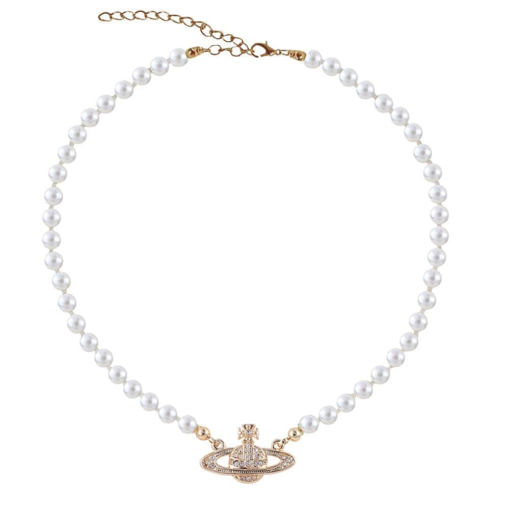 Saturn Pearl Necklaces White Planet Crystal Rhinestone Necklace, Pearl Orb Choker, Minimalist Jewelry Best Friend Girlfriend Birthday Anniversary
