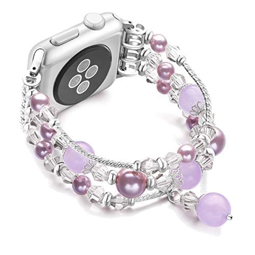 JuQBanke Compatible for Apple Watch Band 38mm 40mm, Jewelry Fashion Stretch Crystal Pearl Bracelet Replacement Womens Strap, Compatible for iWatch Series 5/4/3/2/1(Silver Purple, S/M)