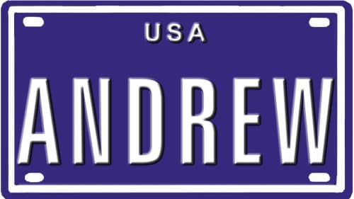 Andrew USA mini metal embossed license plate name for bikes, tricycles, wagons, kids doors, golf carts, baby strollers, pedal cars. Over 400 names available. Type in "name" usa plate in search. Your name will show up.