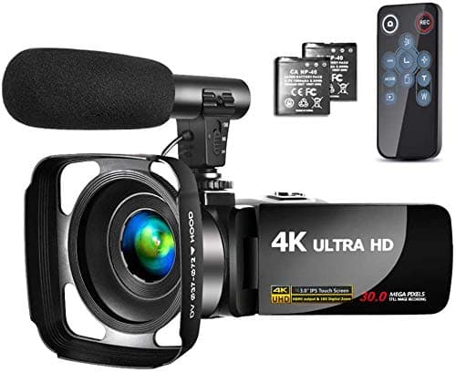 Video Camera 4K Camcorder with Microphone Vlogging Camera YouTube Camera Recorder Ultra HD 30MP 3.0" IPS Touch Screen with Lens Hood & 2 Batteries