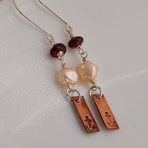 Anchor Earrings with Druzy Pearls and Garnet with Copper