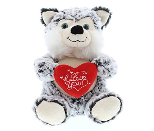 DolliBu I Love You Valentine Plush Sitting Husky Dog - Cute Stuffed Animal with Red Heart and Name Personalization Gift for Valentines Day, Birthday, Anniversary, Romantic Date - 9 Inches