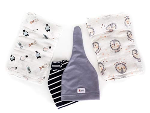 Organic Muslin Swaddle Receiving Blanket - 2 Set and Bonus 0-3 Months Black and Grey Baby Beanie Hat