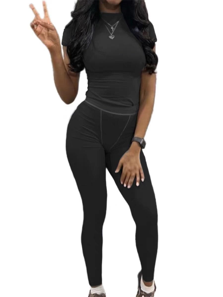 AYWA Two Piece Outfits for Women Fitted Crew Neck T-shirt High Waist Leggings Biker Shorts Matching Sets Streetwear