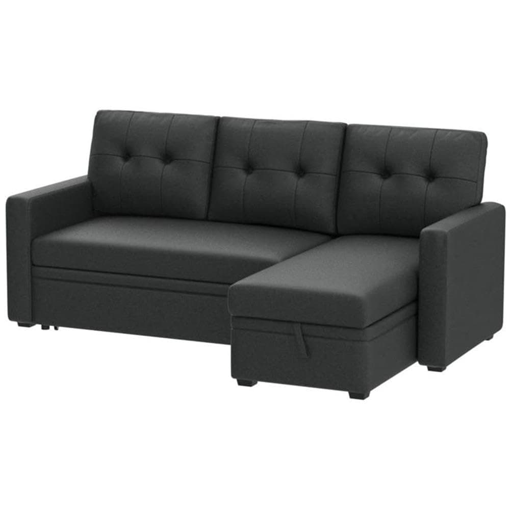 Devion Furniture L-Shaped Polyester Fabric Reversible, Easy Convertible Pull-Out Sleeper Sectional Sofa/Storage Chaise with Tufted Back Cushions and Track Arms in Dark Gray