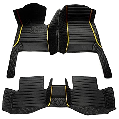 Custom Making Car Floor Mats for 95% Sedan SUV Sports Car Full Coverage Cute Men Women Pads Protection Non-Slip Leather Floor Liners (Black Yellow Strips)