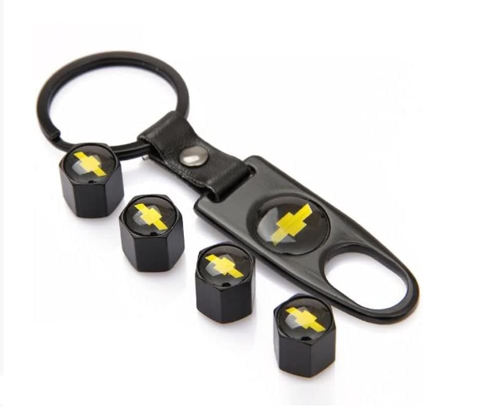 Chevy Black Tire Stem Valve Caps and Black Keychain Combo Set