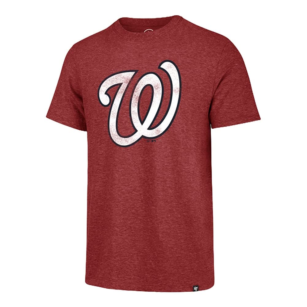 47MLB Men's Distressed Imprint Match Team Color Primary Logo Word Mark T-Shirt (Washington Nationals Red, Large)