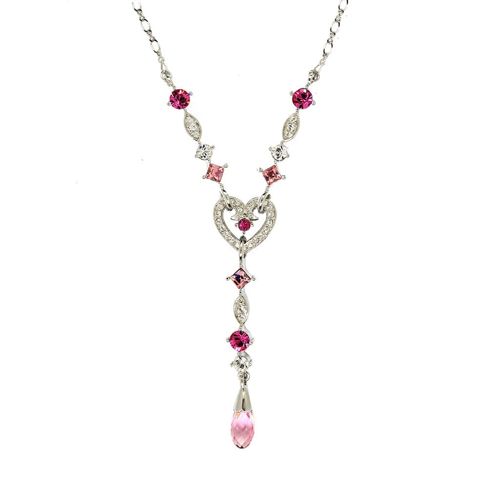 Cristalina Rosy Pink Crystal Heart Y-Shaped Necklace with Briolette Drop 45cm + 5cm Ext