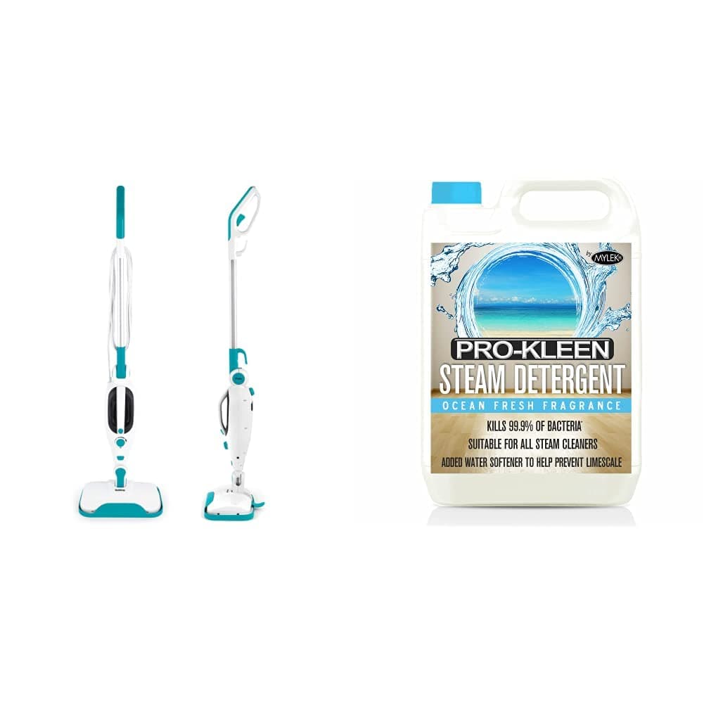 Beldray BEL0698 12 in 1 Flexi Hot Steam Cleaner Mop, Upright Steamer for All Types of Flooring, 330ml & Pro Kleen 5 litres Steam Detergent Ocean Fresh Fragrance for Steam Mops + Built in Water Soft-