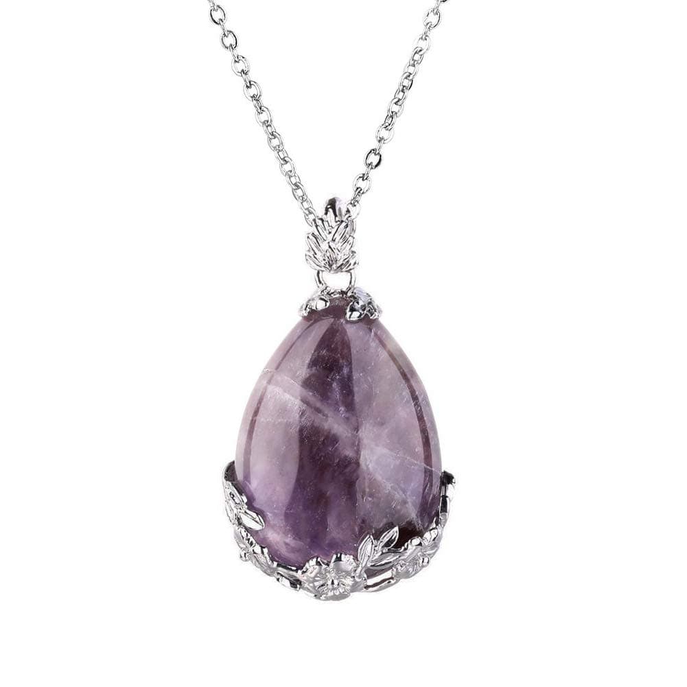 Natural Gemstone Teardrop Pendant Carved Flower Necklace Healing Crystal Chakra Jewelry for Women