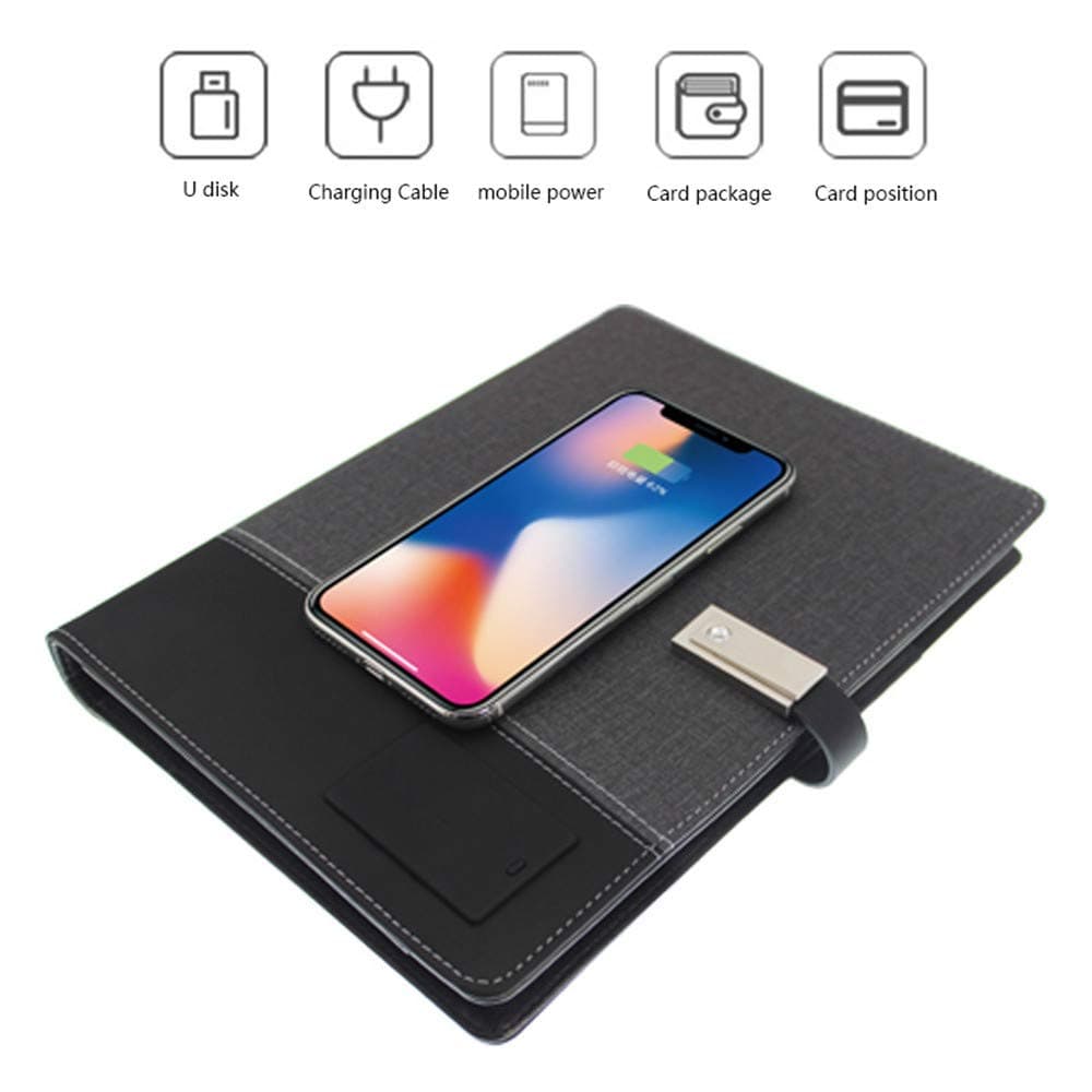 RENYAYA Power Bank Notebook Multi Functional Notebook with 8000 mAh Power Bank whit 16G U diskQi Wireless Charging Note Book Binder Diary Book