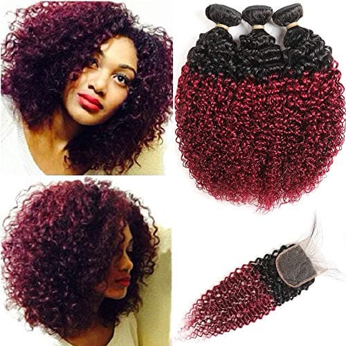 1B/99J Kinky Curly Hair Extension Soft Brazilian Human Hair Extension 10A Grade Brazilian 1B/99J Hair Bundles 3 Bundles with Lace Closure Shiny Hair Bundles (12 14 16 with 10)
