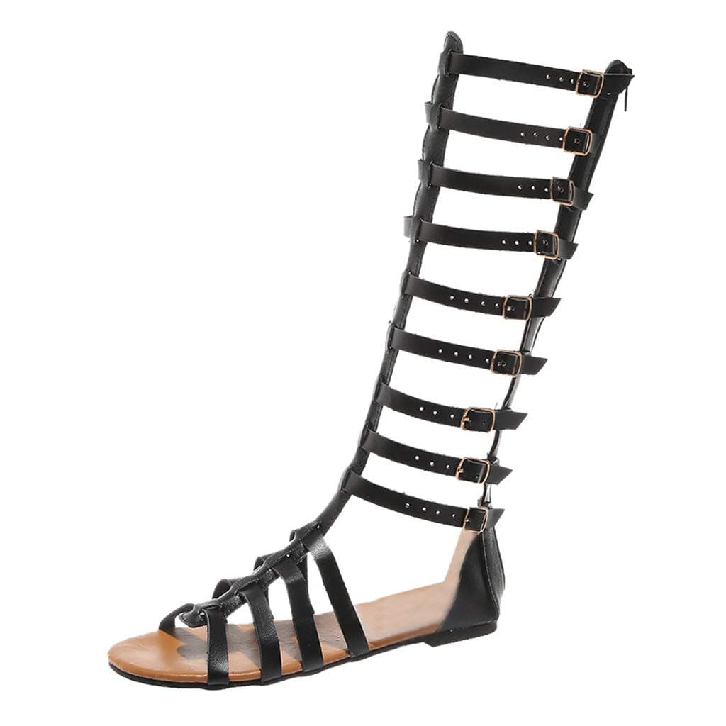 Womens Flat Knee High Gladiator Sandals Strappy Cut Out Open Toe Gladiator Sandals Flat Knee Boots