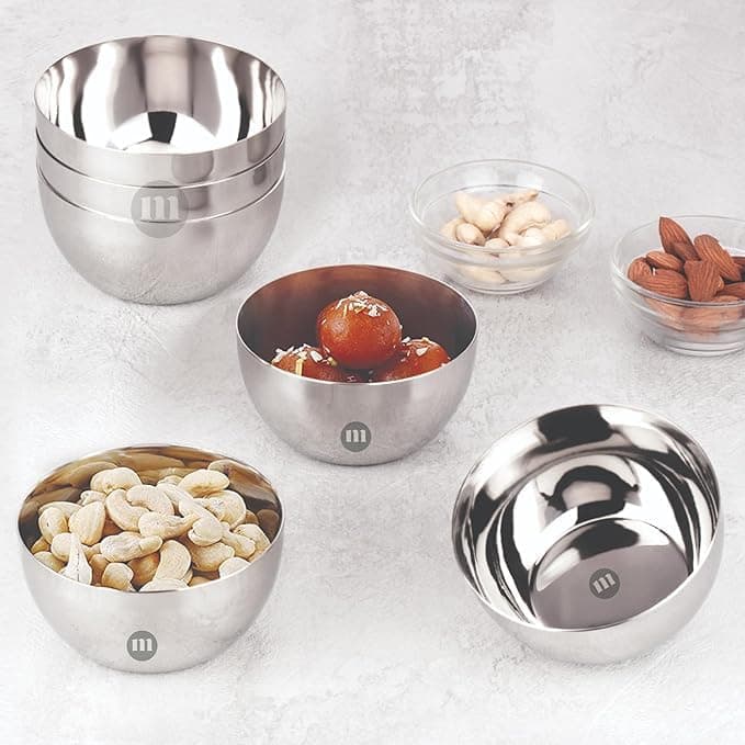 MARU Stainless Steel Bowls Set of 6, Big 400ml Round katora vati for Kitchen, Suitable for Snacks, ice Cream, Curry, Salad, Dessert