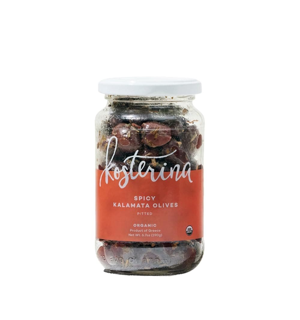 KosterinaOrganic Spicy Kalamata Olives, Pitted & Dry-packed – Great for Salads, Garnishing Cocktails and Snacking | 6.7oz (190g)