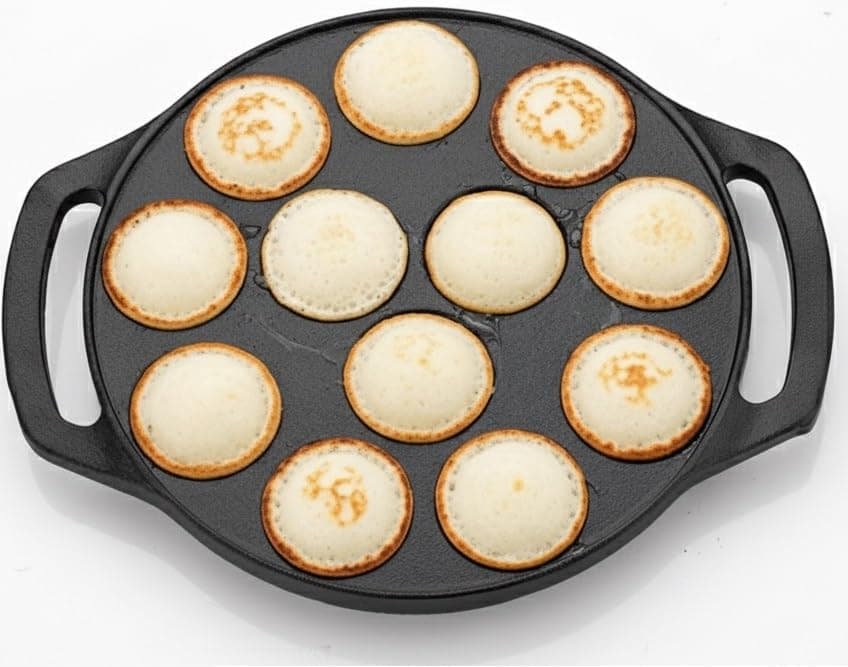 ROSTON Cast Iron Paniyaram Appam Pan Appe Ponganalu Pan Chatti Appam Maker, Cast Iron 12 Cavity Induction Base, Black