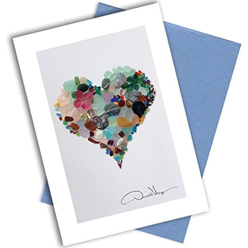 Single Sea Glass Heart Note Card. 3x5 Blank Card with Classy Envelope. Best Birthday Cards, Thank You Notes & Invitations. Unique Christmas, Mother's Day & Valentines Gifts for Women, Men