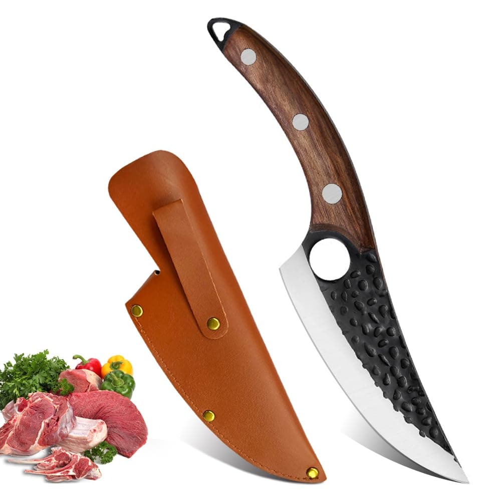 AstylwayChef Knife with Sheath Kitchen Knife Hand Forged Boning Knife Japanese Style Full Tang Butcher Meat Viking Knives for Home, Outdoor, Camping