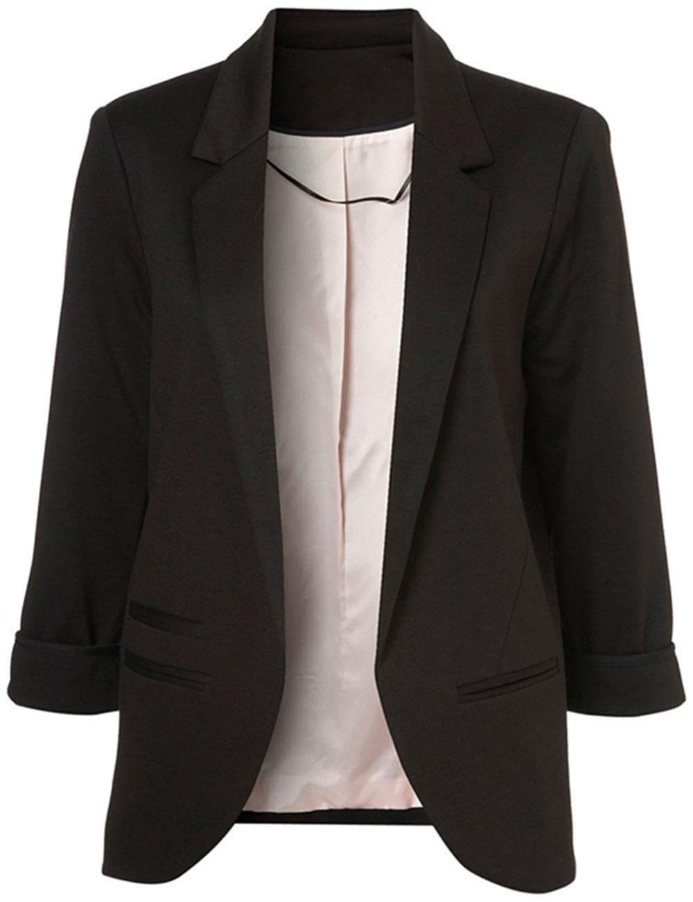 Womens Casual Blazer Open Front 3/4 Sleeve Notched Lapel Pocket Work Office Jacket Suit