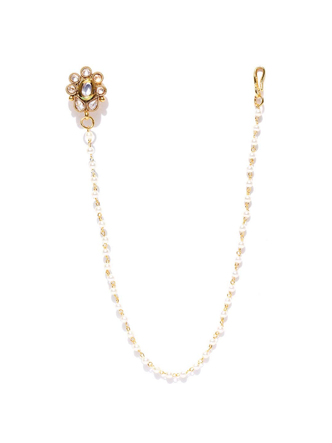 Priyaasi Kundan Nose Pin for Women with Pearl Chain | Plating of Gold | Nath for Women | Floral Design | Bridal Nath for Wedding | Nose Pin without Piercing